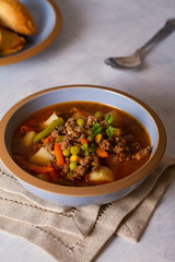Bowl of ground beef soup with vegetables. Healthy food. Vertical image