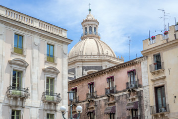 View from Univeristy Square on a dome of Abbey of St Agatha Church in Catania city on Sicily Island and autonomous region of Italy