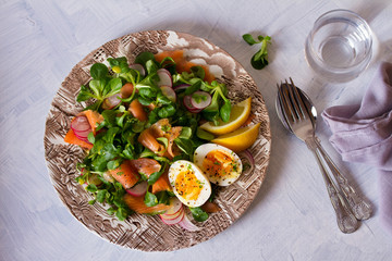 Smoked salmon egg radish and lamb leaves salad. Spring salad food. Flat lay horizontal image