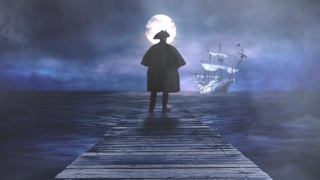 Man Looking Out to Sea at Ghost Ship with Full Moon 4K features a man in a nineteenth century coat and hat looking out to sea with a full moon and ghostly ship with fog.