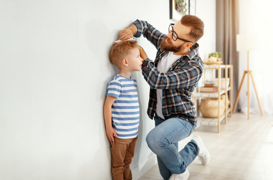 Concept Of Development, Growing Up. Father Measures Height Of His Young Child Son.