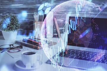 Multi exposure of forex chart and work space with computer. Concept of international online trading.