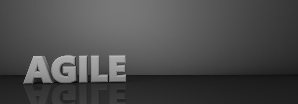 3d rendering of "AGILE" word on gray background and reflective black floor. Copy space.