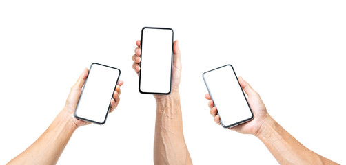 Obraz na płótnie Canvas Set of man hands holding blank white screen smartphone isolated on white background