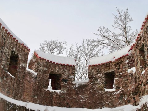 Inside a round castle tower in the snowy winter. A frosty winter scene at Castle (Burg) Frankenstein, a hilltop castle overlooking the city of Darmstadt, Germany in Hesse. 