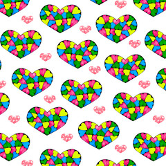 heart made of multicolored hearts pattern on a white background. Illustration for printing, greeting cards, posters, stickers, textile and seasonal design