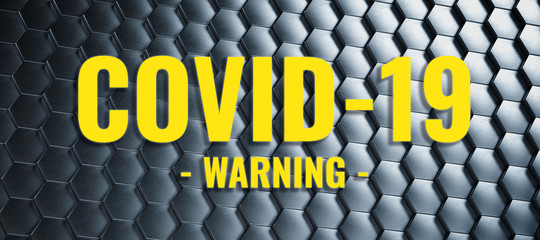 information banner with text COVID-19 - WARNING on hexagon background