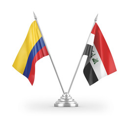 Iraq and Colombia table flags isolated on white 3D rendering