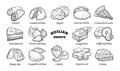 Collection of traditional Sicilian desserts. Hand drawn sketch in doodle style. - obrazy, fototapety, plakaty