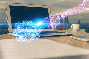 Double exposure of computer and technology theme hologram. Concept of freelance work.