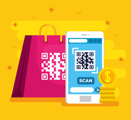 scan qr code with smartphone and bag shopping vector illustration design