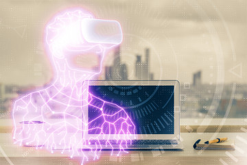 Computer on desktop with AR theme icon. Multi exposure. Concept of augmented reality.