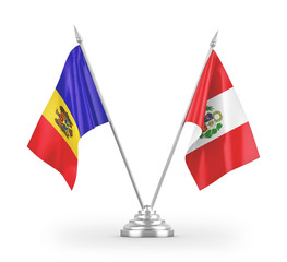 Peru and Moldova table flags isolated on white 3D rendering