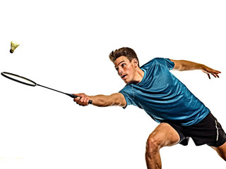 Badminton player young man isolated white background