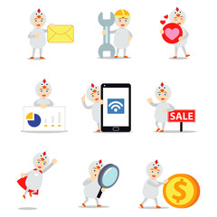 Set character of man performed as a little chick comes out from the egg.