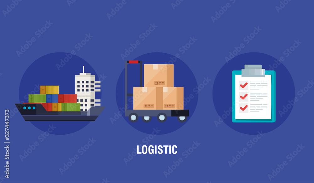 Sticker poster of delivery logistic service with icons vector illustration design