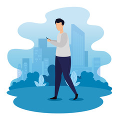 urban scene with young man and smartphone vector illustration design