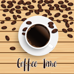 Realistic top view black coffee cup with beans on wooden background. illustrator vector.