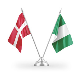 Nigeria and Denmark table flags isolated on white 3D rendering