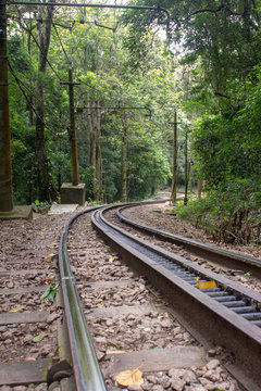 Rails of the tram leading to the top of Cordovado, Rio de Janeiro, Brazil