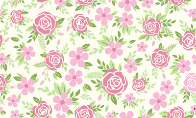 Cute rose flower pattern background for spring, with leaf and flower drawing.