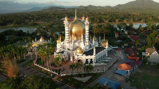 Aerial view of the beautiful Ubudiah Mosgue with golden dome in Kuala Kangsar, Perak, Malaysia