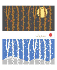 「日本（和の色）の春夏秋冬」秋と冬の風景イラスト・パターン