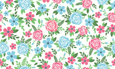Cute rose flower pattern background for spring, with leaf and flower drawing.