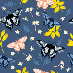 Vector seamless pattern with bright butterflies, leaves and flowers. Hand drawn texture design