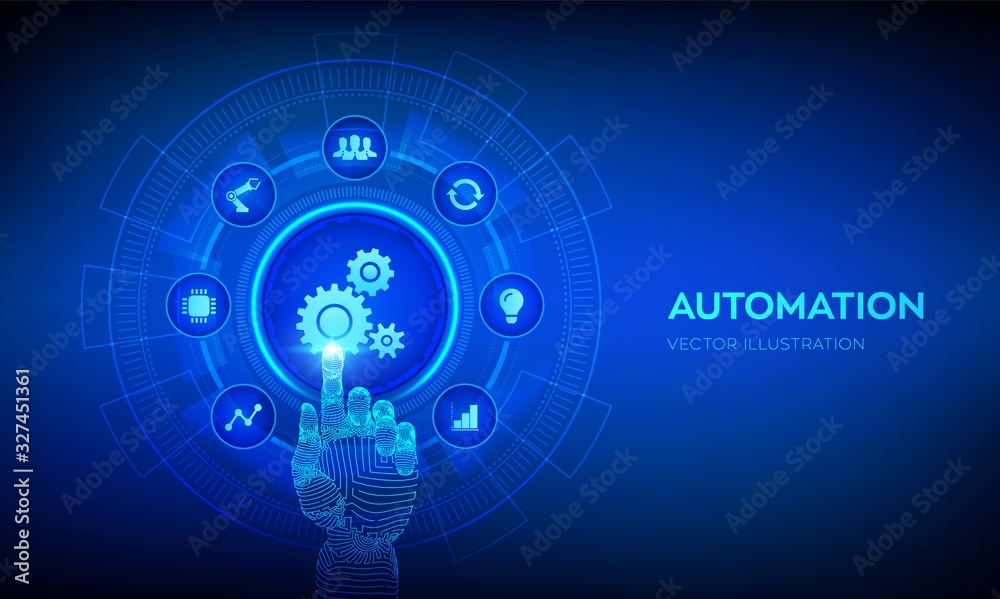 Wall mural Automation Software. IOT and Automation concept as an innovation, improving productivity in technology and business processes. Robotic hand touching digital interface. Vector illustration.