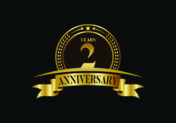 2nd years anniversary logo template, vector design birthday celebration, Golden anniversary emblem with ribbon. Design for a booklet, leaflet, magazine, brochure, poster, web, invitation or greeting