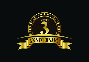 3rd years anniversary logo template, vector design birthday celebration, Golden anniversary emblem with ribbon. Design for a booklet, leaflet, magazine, brochure, poster, web, invitation or greeting