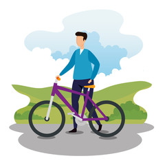 young man with bike in park landscape vector illustration design