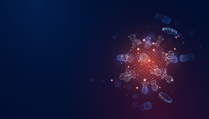 Novel Coronavirus (2019-nCoV). Virus Covid 19-NCP. Coronavirus nCoV denoted is single-stranded RNA virus. Background blue virus cells, blood platelets, capsule pills. Digital 3d vector illustration