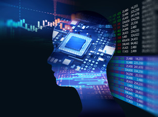 silhouette of virtual human on abstract technology 3d illustration