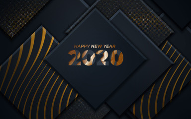 happy new year on abstract background with black squares and shimmering glitter pattern.