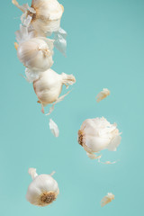 Falling garlic, on a light background. Isolate for design, freeze in motion.