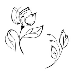 ornament 1060. one stylized flower Bud on a short stem with leaves in black lines on a white background