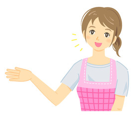 「紹介・案内をするポーズ」のエプロンの女性（保育士・介護士・主婦など汎用）