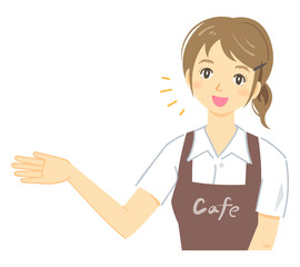 「紹介・案内をするポーズ」のカフェ店員の女性（茶色のエプロン）