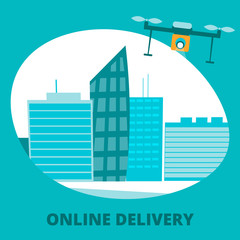 Fototapeta premium Online Delivery Lettering Flat Vector Banner. Futuristic Unmanned Aerial Vehicles. Transportation Drugs, Goods, Shopping Bags, Food by Drone. Fast Quadcopter with Camera Flies over City Illustration