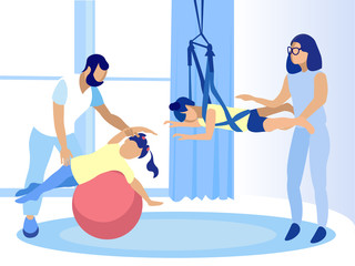 Children and Doctors in Physiotherapeutic Room. Man Woman Physiotherapist Training Kids on Fitball and TRX. Rehabilitation Center. Medical Treatment and Physiotherapy. Vector Flat Cartoon Illustration