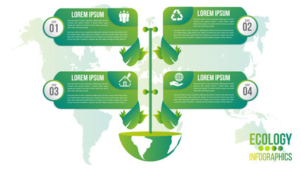 Ecology infographics green friendly environment with leaf and world map vector design layout.Recycle system element sustainable growth.Green concept with 4 options, parts, steps or points.
