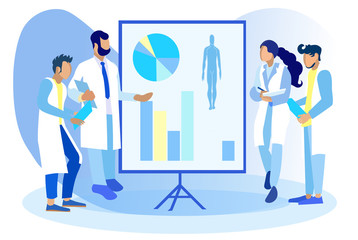 Doctors with Assistant in Wearing Uniform Consultation, Treatment Discussion and Concilium Cartoon. Human Silhouette with Graphs and Charts on Dashboard. Medical Meeting. Vector Flat Illustration