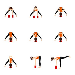 Forward bend standing yoga asanas set with blocks/ Illustration stylized woman practicing yoga postures with bricks