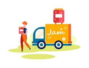 Woman with Jam Jar in Hands near Onange Truck. Organic Jam. Grow Organic Fruits. Vector Illustration. Healthy Food. Produced by Natural Products. Organic Production. Healthy Lifestyle.