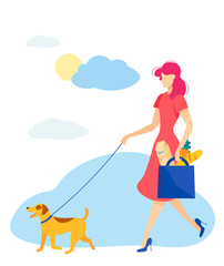 Bright Flyer Walk after Visit to Store Cartoon. Walk in Beautiful Place. Attractive Girl in Circuit Walks Dog on Leash. Woman goes from Store with Purchases Flat. Vector Illustration.