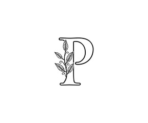 Initial P letter with leaves Line Shape logo Icon. 