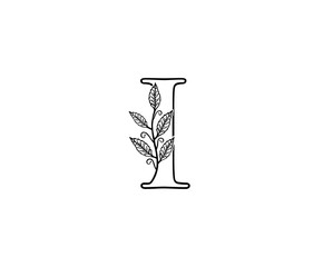 Initial I letter with leaves Line Shape logo Icon. 
