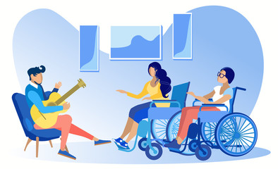 Fototapeta premium Young Disabled Ladies Friends Sitting Wheelchair Talking to Man Guitarist. Musical Lesson. Recreation for Handicapped People. Activities and Hobbies. Communication. Vector Flat Illustration